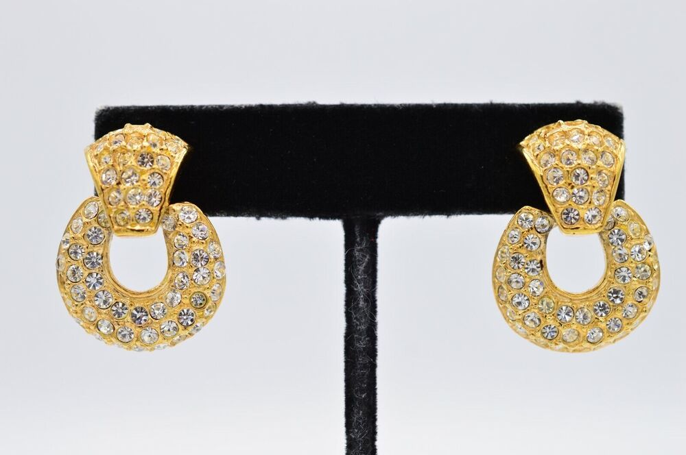 Roman Vintage Pave Rhinestone Crystal Earrings Door Knocker Gold Signed 80s BnS